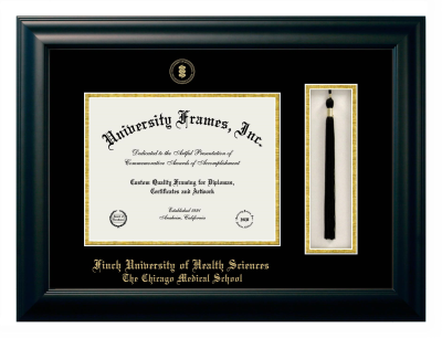 Diploma with Tassel Box Frame in Satin Black with Black & Gold Mats for DOCUMENT: 8 1/2"H X 11"W  