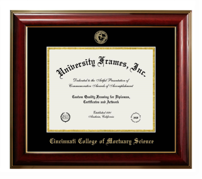 Cincinnati College of Mortuary Science Diploma Frame in Classic Mahogany with Gold Trim with Black & Gold Mats for DOCUMENT: 8 1/2"H X 11"W  