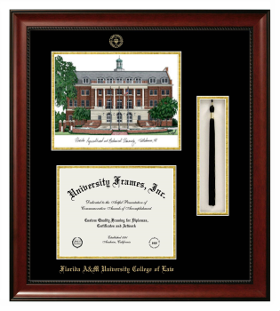 Double Opening with Campus Image & Tassel Box (Stacked) Frame in Avalon Mahogany with Black & Gold Mats for DOCUMENT: 8 1/2"H X 11"W  