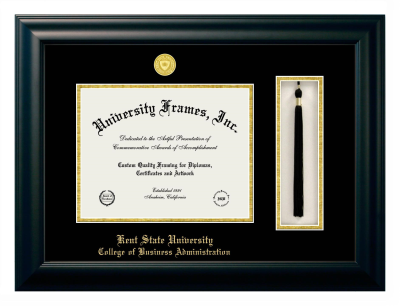 Kent State University College of Business Administration Diploma with Tassel Box Frame in Satin Black with Black & Gold Mats for DOCUMENT: 8 1/2"H X 11"W  