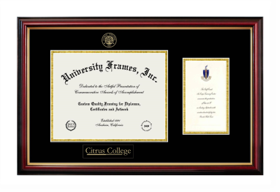 Diploma with Announcement Frame in Petite Mahogany with Gold Trim with Black & Gold Mats for DOCUMENT: 8 1/2"H X 11"W  ,  7"H X 4"W  