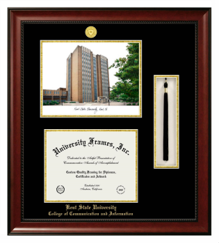 Double Opening with Campus Image & Tassel Box (Stacked) Frame in Avalon Mahogany with Black & Gold Mats for DOCUMENT: 8 1/2"H X 11"W  