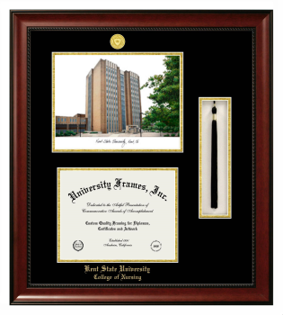 Double Opening with Campus Image & Tassel Box (Stacked) Frame in Avalon Mahogany with Black & Gold Mats for DOCUMENT: 8 1/2"H X 11"W  