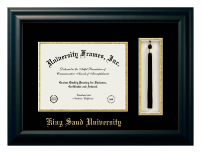 King Saud University Diploma with Tassel Box Frame in Satin Black with Black & Gold Mats for DOCUMENT: 8 1/2"H X 11"W  