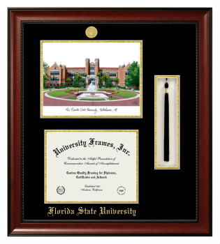 Double Opening with Campus Image & Tassel Box (Stacked) Frame in Avalon Mahogany with Black & Gold Mats for DOCUMENT: 8 1/2"H X 11"W  