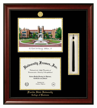 Double Opening with Campus Image & Tassel Box (Stacked) Frame in Avalon Mahogany with Black & Gold Mats for DOCUMENT: 8 1/2"H X 11"W  