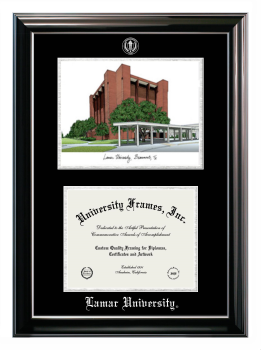 Lamar University Double Opening with Campus Image (Stacked) Frame in Classic Ebony with Silver Trim with Black & Silver Mats for DOCUMENT: 8 1/2"H X 11"W  