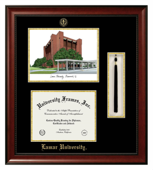 Lamar University Double Opening with Campus Image & Tassel Box (Stacked) Frame in Avalon Mahogany with Black & Gold Mats for DOCUMENT: 8 1/2"H X 11"W  