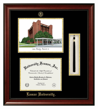 Double Opening with Campus Image & Tassel Box (Stacked) Frame in Avalon Mahogany with Black & Gold Mats for DOCUMENT: 8 1/2"H X 11"W  