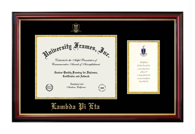 Diploma with Announcement Frame in Petite Mahogany with Gold Trim with Black & Gold Mats for DOCUMENT: 8 1/2"H X 11"W  ,  7"H X 4"W  