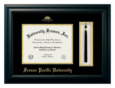 Fresno Pacific University Diploma with Tassel Box Frame in Satin Black with Black & Gold Mats for DOCUMENT: 8 1/2"H X 11"W  