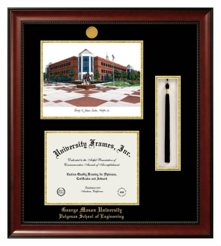 Double Opening with Campus Image & Tassel Box (Stacked) Frame in Avalon Mahogany with Black & Gold Mats for DOCUMENT: 8 1/2"H X 11"W  