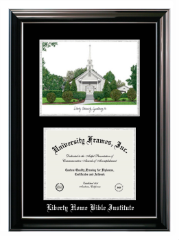 Liberty Home Bible Institute Double Opening with Campus Image (Stacked) Frame in Classic Ebony with Silver Trim with Black & Silver Mats for DOCUMENT: 8 1/2"H X 11"W  