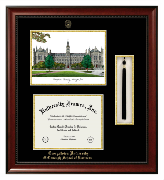 Double Opening with Campus Image & Tassel Box (Stacked) Frame in Avalon Mahogany with Black & Gold Mats for DOCUMENT: 8 1/2"H X 11"W  