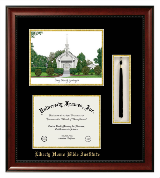 Double Opening with Campus Image & Tassel Box (Stacked) Frame in Avalon Mahogany with Black & Gold Mats for DOCUMENT: 8 1/2"H X 11"W  