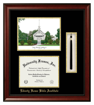 Liberty Home Bible Institute Double Opening with Campus Image & Tassel Box (Stacked) Frame in Avalon Mahogany with Black & Gold Mats for DOCUMENT: 8 1/2"H X 11"W  