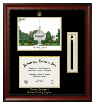 Double Opening with Campus Image & Tassel Box (Stacked) Frame in Avalon Mahogany with Black & Gold Mats for DOCUMENT: 8 1/2"H X 11"W  