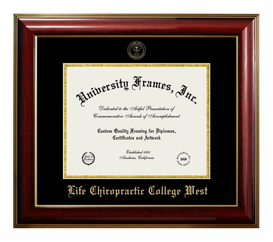 Life Chiropractic College West Diploma Frame in Classic Mahogany with Gold Trim with Black & Gold Mats for DOCUMENT: 8 1/2"H X 11"W  