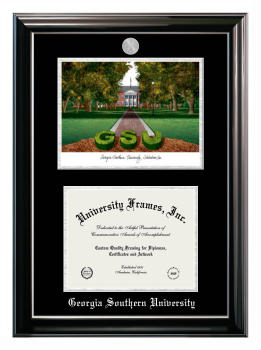 Double Opening with Campus Image (Stacked) Frame in Classic Ebony with Silver Trim with Black & Silver Mats for DOCUMENT: 8 1/2"H X 11"W  