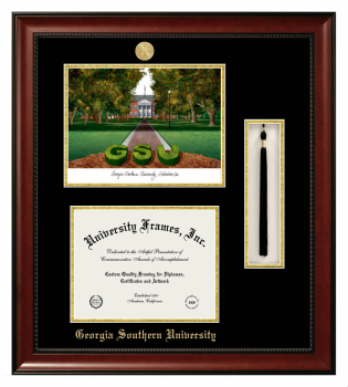 Double Opening with Campus Image & Tassel Box (Stacked) Frame in Avalon Mahogany with Black & Gold Mats for DOCUMENT: 8 1/2"H X 11"W  