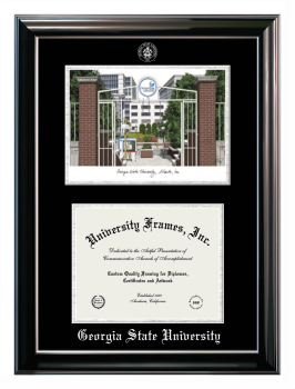 Double Opening with Campus Image (Stacked) Frame in Classic Ebony with Silver Trim with Black & Silver Mats for DOCUMENT: 8 1/2"H X 11"W  