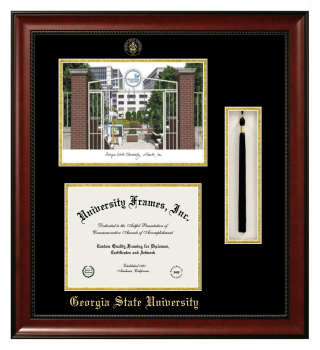 Double Opening with Campus Image & Tassel Box (Stacked) Frame in Avalon Mahogany with Black & Gold Mats for DOCUMENT: 8 1/2"H X 11"W  