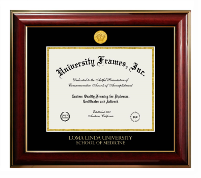 Loma Linda University School of Medicine Diploma Frame in Classic Mahogany with Gold Trim with Black & Gold Mats for DOCUMENT: 8 1/2"H X 11"W  