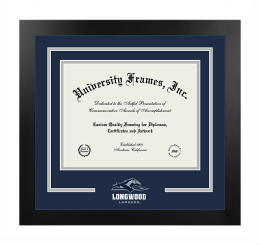 Longwood University Logo Mat Frame in Manhattan Black with Navy Blue & Gray Mats for DOCUMENT: 8 1/2"H X 11"W  