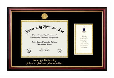 Diploma with Announcement Frame in Petite Mahogany with Gold Trim with Black & Gold Mats for DOCUMENT: 8 1/2"H X 11"W  ,  7"H X 4"W  