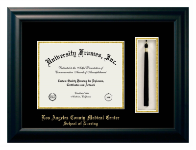 Los Angeles County Medical Center School of Nursing Diploma with Tassel Box Frame in Satin Black with Black & Gold Mats for DOCUMENT: 8 1/2"H X 11"W  