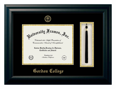 Gordon College Diploma with Tassel Box Frame in Satin Black with Black & Gold Mats for DOCUMENT: 8 1/2"H X 11"W  