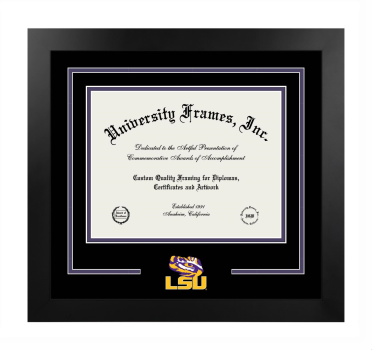 Louisiana State University Logo Mat Frame in Manhattan Black with Black & Purple Mats for DOCUMENT: 8 1/2"H X 11"W  