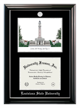Louisiana State University Double Opening with Campus Image (Stacked) Frame in Classic Ebony with Silver Trim with Black & Silver Mats for DOCUMENT: 8 1/2"H X 11"W  