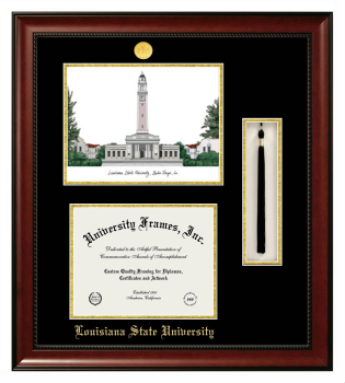 Double Opening with Campus Image & Tassel Box (Stacked) Frame in Avalon Mahogany with Black & Gold Mats for DOCUMENT: 8 1/2"H X 11"W  