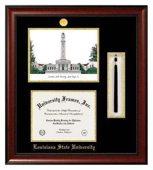 Louisiana State University Double Opening with Campus Image & Tassel Box (Stacked) Frame in Avalon Mahogany with Black & Gold Mats for DOCUMENT: 8 1/2"H X 11"W  