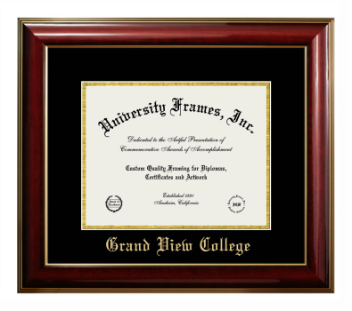 Grand View College Diploma Frame in Classic Mahogany with Gold Trim with Black & Gold Mats for DOCUMENT: 8 1/2"H X 11"W  