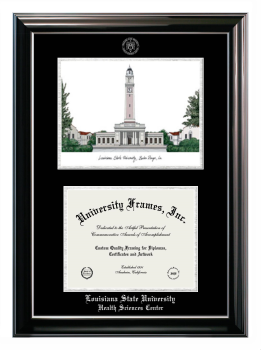 Double Opening with Campus Image (Stacked) Frame in Classic Ebony with Silver Trim with Black & Silver Mats for DOCUMENT: 8 1/2"H X 11"W  