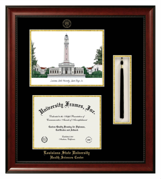 Double Opening with Campus Image & Tassel Box (Stacked) Frame in Avalon Mahogany with Black & Gold Mats for DOCUMENT: 8 1/2"H X 11"W  