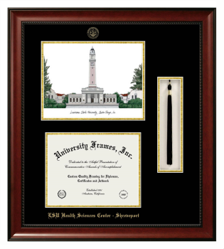 Double Opening with Campus Image & Tassel Box (Stacked) Frame in Avalon Mahogany with Black & Gold Mats for DOCUMENT: 8 1/2"H X 11"W  