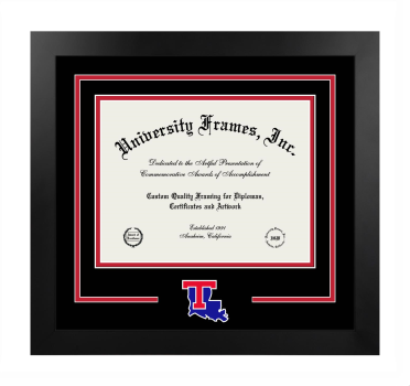 Louisiana Tech University Logo Mat Frame in Manhattan Black with Black & Red Mats for DOCUMENT: 8 1/2"H X 11"W  