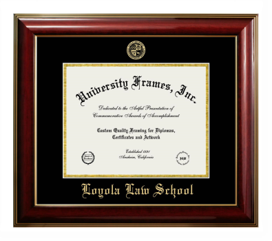 Loyola Law School Diploma Frame in Classic Mahogany with Gold Trim with Black & Gold Mats for DOCUMENT: 8 1/2"H X 11"W  