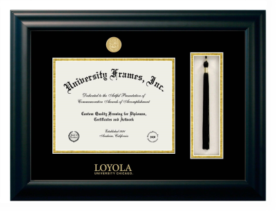 Diploma with Tassel Box Frame in Satin Black with Black & Gold Mats for DOCUMENT: 8 1/2"H X 11"W  