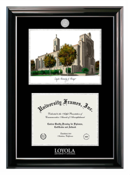 Loyola University Chicago Double Opening with Campus Image (Stacked) Frame in Classic Ebony with Silver Trim with Black & Silver Mats for DOCUMENT: 8 1/2"H X 11"W  