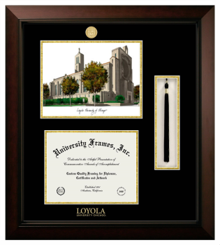 Double Opening with Campus Image & Tassel Box (Stacked) Frame in Legacy Black Cherry with Black & Gold Mats for DOCUMENT: 8 1/2"H X 11"W  