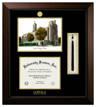 Loyola University Chicago Double Opening with Campus Image & Tassel Box (Stacked) Frame in Legacy Black Cherry with Black & Gold Mats for DOCUMENT: 8 1/2"H X 11"W  