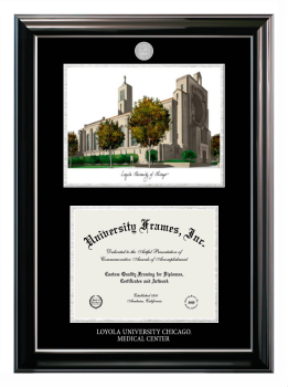 Double Opening with Campus Image (Stacked) Frame in Classic Ebony with Silver Trim with Black & Silver Mats for DOCUMENT: 8 1/2"H X 11"W  