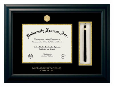 Loyola University Chicago School of Law Diploma with Tassel Box Frame in Satin Black with Black & Gold Mats for DOCUMENT: 8 1/2"H X 11"W  