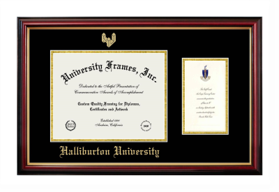 Diploma with Announcement Frame in Petite Mahogany with Gold Trim with Black & Gold Mats for DOCUMENT: 8 1/2"H X 11"W  ,  7"H X 4"W  