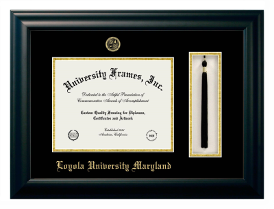 Loyola University Maryland Diploma with Tassel Box Frame in Satin Black with Black & Gold Mats for DOCUMENT: 8 1/2"H X 11"W  