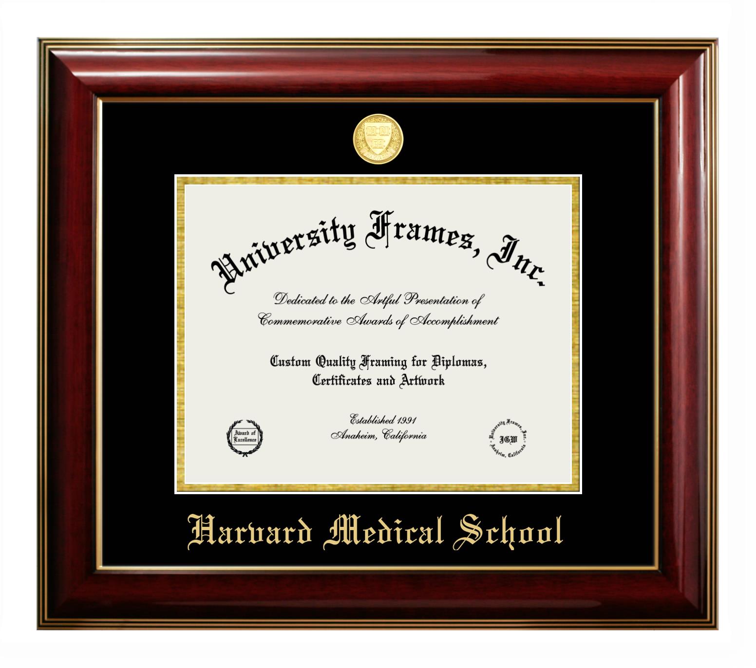 Harvard Medical School Diploma Frame in Classic Mahogany with Gold Trim